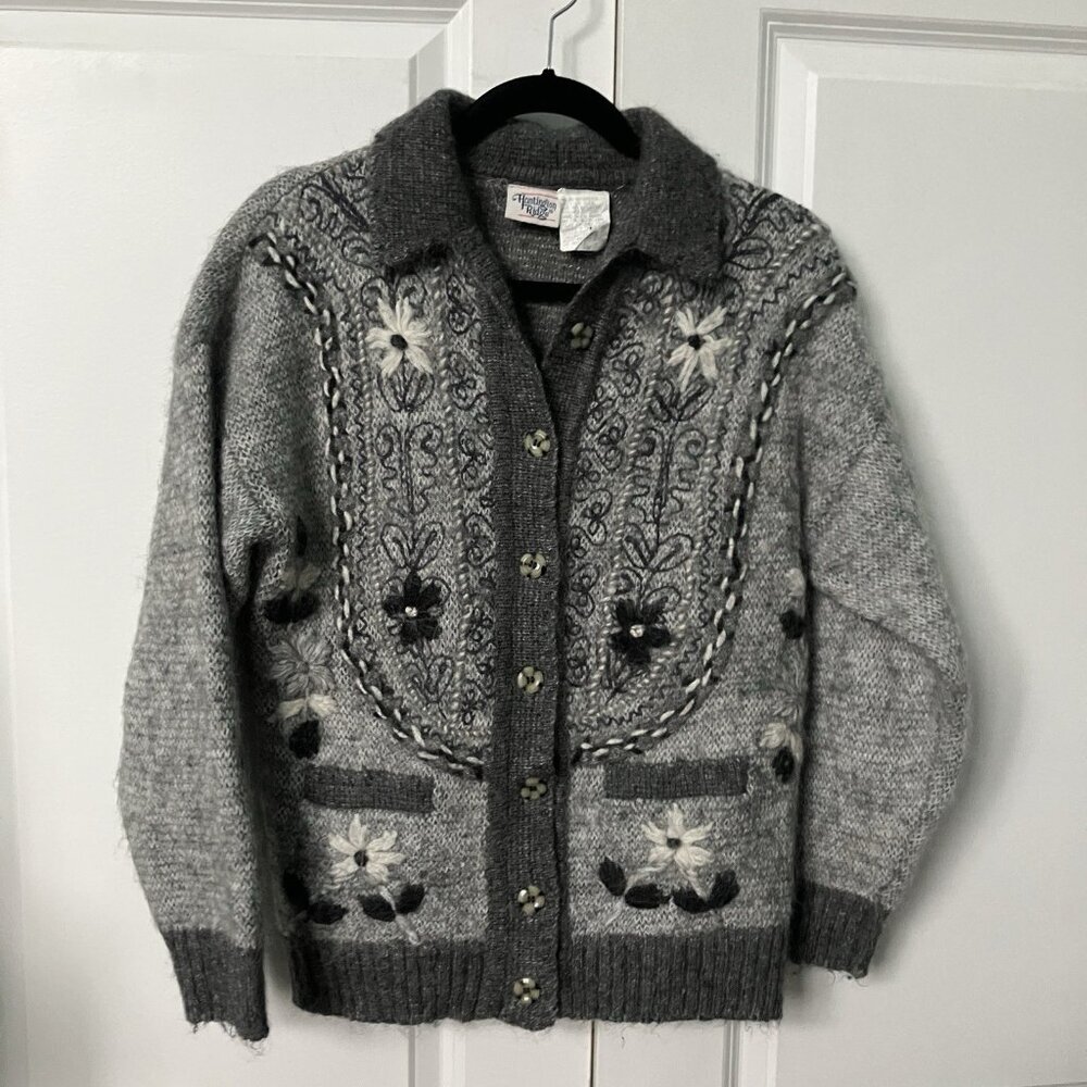 Vintage Huntington Ridge Cardigan Womens S Gray Floral Wool Blend Nordic Neutral